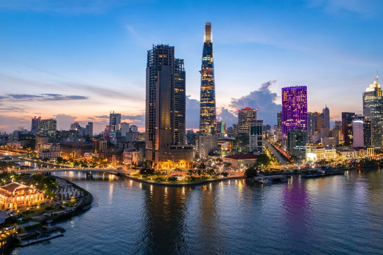 Wooden sampan boats gliding through lush green waterways of the Mekong Delta